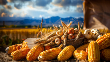 Farm fresh yellow organic corn and fall produce harvested for a healthy diet
