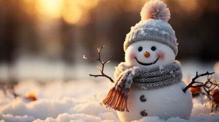 Festive laughing snowman with winter hat.