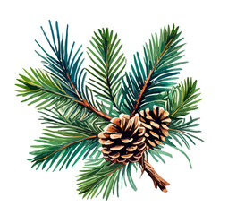 Pine branches and cones, needles on white background, hand digital draw, watercolor style, decorative botanical illustration for design, Christmas tree, vector