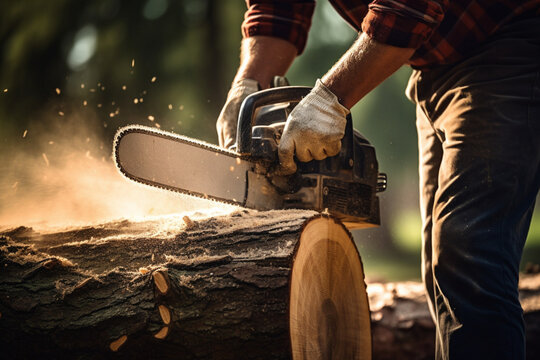 Hands of unrecognizable lumberjack with chainsaw cutting a tree