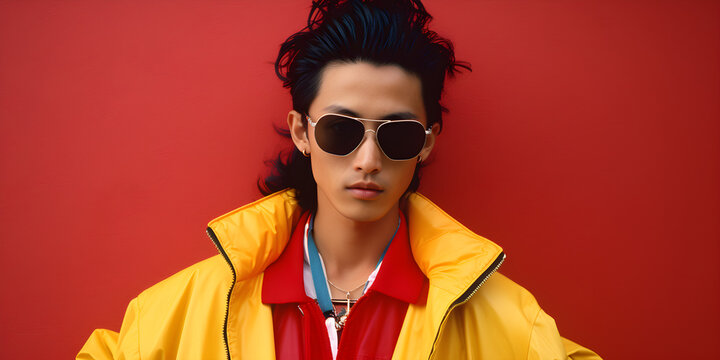 studio portrait of happy Asian man, 1980s fashion - Powered by Adobe