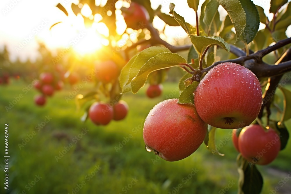 Sticker an array of dew-covered apples in an orchard at sunrise