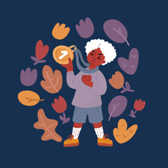 Cartoon vector illustration of little kid holding trophy and feel happy