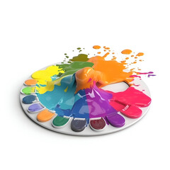 Paint palette with color splashes isolated on white. 3d illustration