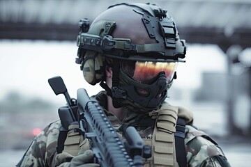 Fototapeta premium military shooter on a helmet on duty