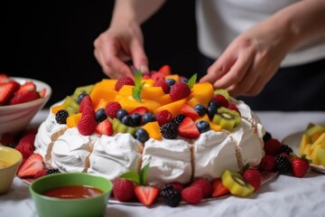Obraz na płótnie Canvas hand arranging sliced fruits on a pavlova
