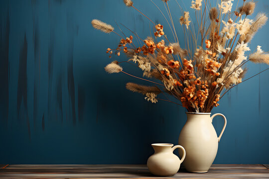 Wooden table with vase with bouquet of dried field flowers near empty, blank blue wall. Home interior background