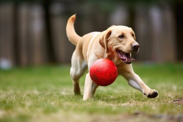 a yellow labrador retriever playing with a red ball