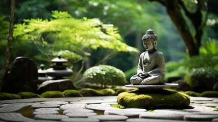 A serene Zen garden with a meditating Buddha