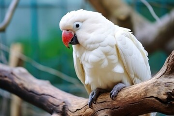 close up of a white parrot sitting on a branch