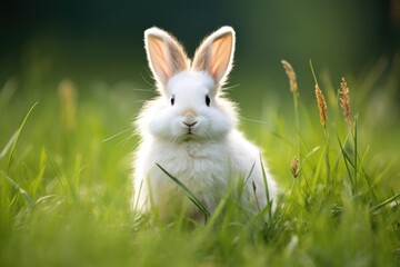 a fluffy white rabbit in a grassy meadow