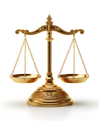 Gleaming Golden Balance Scale Weighing Justice on a Pure White Background