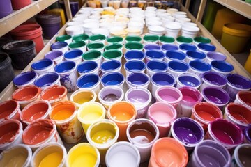 high-angle shot of paint containers in pottery studio