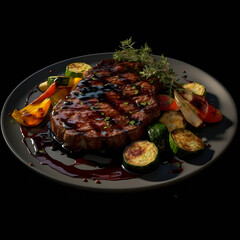 Grilled beef steak with vegetables on a black plate. Black background.