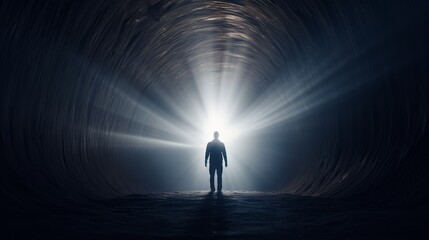 A person stepping out of a dark tunnel into the light - obrazy, fototapety, plakaty