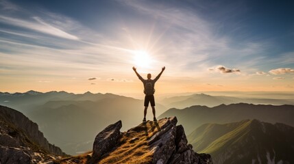 A person standing on a mountaintop, feeling triumphant