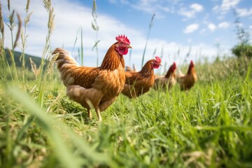 free-range chickens in grassy field - obrazy, fototapety, plakaty
