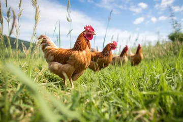 Fotobehang free-range chickens in grassy field © Alfazet Chronicles