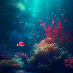 Fototapeta na wymiar Underwater scene with coral reef and fish. 3d illustration.