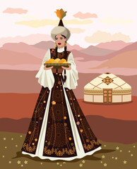 Vector illustration. A beautiful young woman in a Kazakh national costume with a plate on the background of a mountain landscape and sky