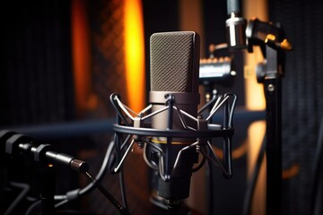 closeup of rap studio microphone on a stand - obrazy, fototapety, plakaty