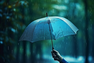 Hand and blue umbrella under heavy rain against nature background, Rainy weather concept, soft light photography