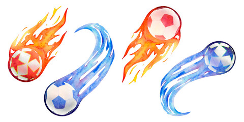Watercolor drawing set of flying football balls blue and orange with stars and pentagons with fiery flame tails. Scillfully painted picture isolated on white background. For logo banners icon cards