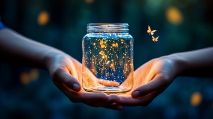 A person holding a jar of fireflies as a metaphor for inner light - obrazy, fototapety, plakaty