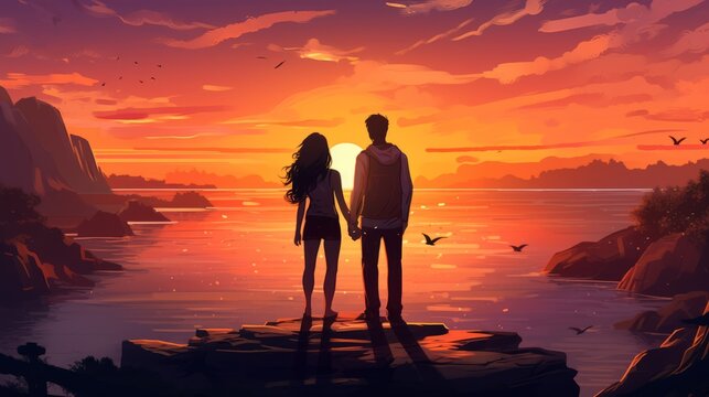 A dreamy illustration of a couple gazing at a sunset
