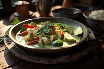 A plate of Thai green curry with chicken 