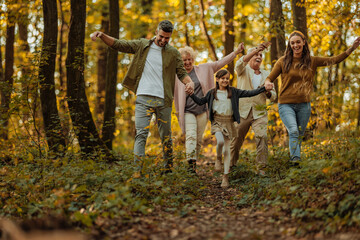 Whole family happily strolling in the woods - obrazy, fototapety, plakaty