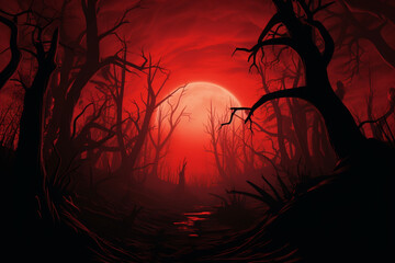 Halloween background, Spooky forest with silhouette dead trees and full moon on red sky, scary scene wallpaper with copy space for halloween background