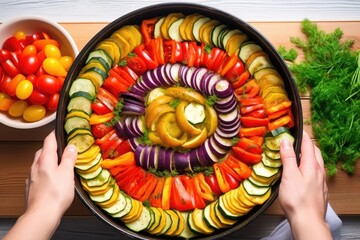 hand layering veggies flat for a ratatouille recipe
