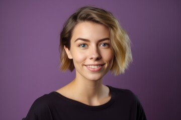 Fototapeta premium Close-up portrait of a fictional young woman with a beautiful smile. Generative AI.