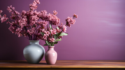 Wooden table with vase with bouquet of flowers near empty, blank purple wall. Home interior background