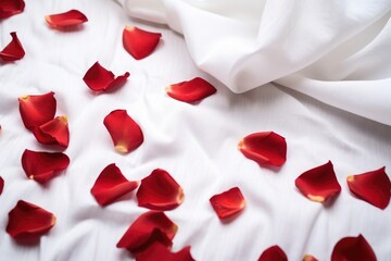 heart-shaped red petals scattered on white linen