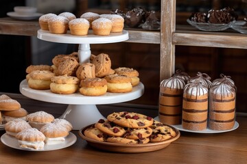 sweet pastries, cookies, cake on a bakers shelf