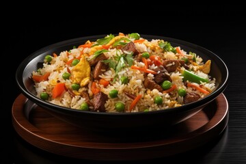  A bowl of Chinese fried rice with rice, vegetables, and meat