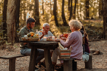 Family having lunch in the woods on a sunny day