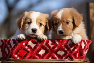 two love puppies in a paw print-patterned basket - obrazy, fototapety, plakaty
