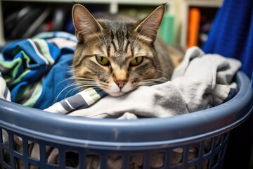 a perturbed cat awakened from sleep in a laundry basket - obrazy, fototapety, plakaty