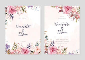 Pink and peach rose vector wedding invitation card set template with flowers and leaves watercolor