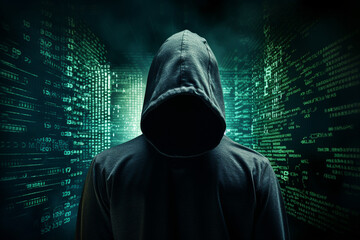 Hacker concept, Unrecognizable person in the hood break computer binary codes, - obrazy, fototapety, plakaty