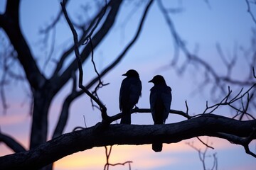 pair of blackbirds roosting in a tree at twilight