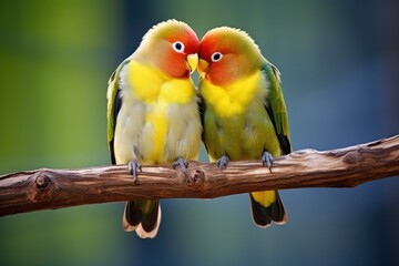 two lovebirds sharing a perch - obrazy, fototapety, plakaty