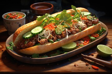  A bowl of Vietnamese banh mi with a baguette, meat, vegetables, and herbs  - obrazy, fototapety, plakaty