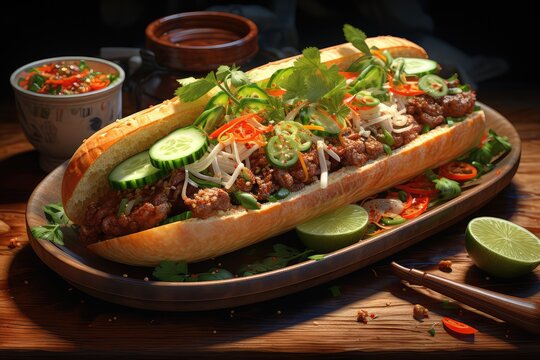  A bowl of Vietnamese banh mi with a baguette, meat, vegetables, and herbs 