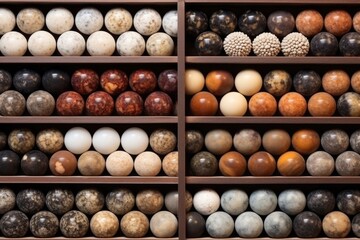 different types of balls organized in a row