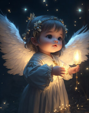 An illustration of a baby angel holding lights, 子供天使, a fictional person, manga art, Generative AI