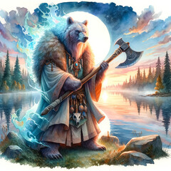 A watercolor painting of a mystical warrior, emanating a bear spirit aura, holding a battle-axe, amidst a serene lakeside with the reflection of a setting sun.